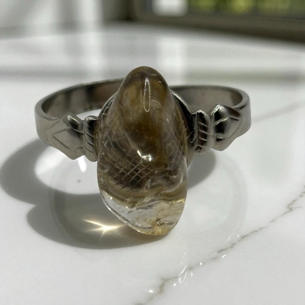 Citrine Lemon Quartz Ring Silver Tone Adjustable Vintage Stone Translucent
